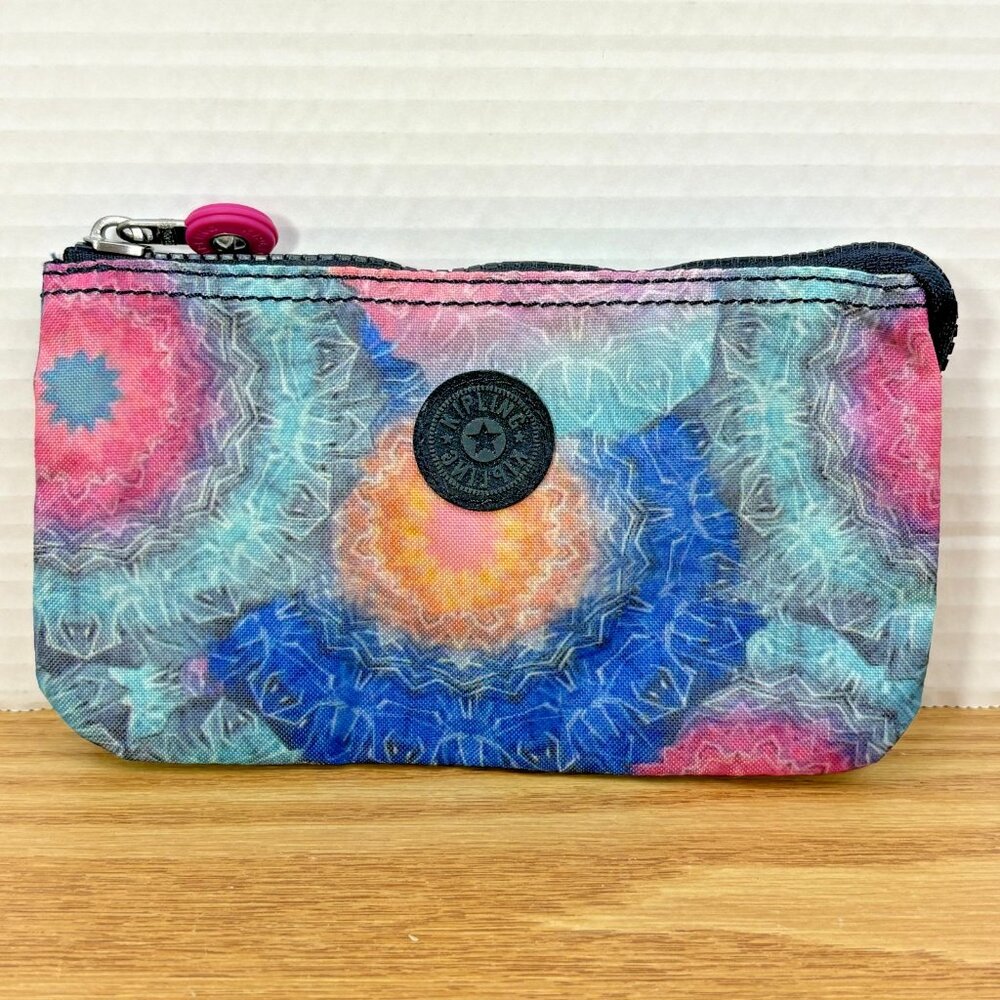 Kipling Small Zippered Pouch Multicolored Kaleidoscope or Mandala Style Print